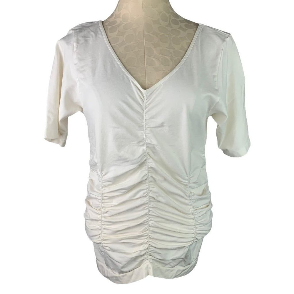 1X Legacy Ivory Women's Activewear Ruched V-Neck Shirt Short Sleeve
